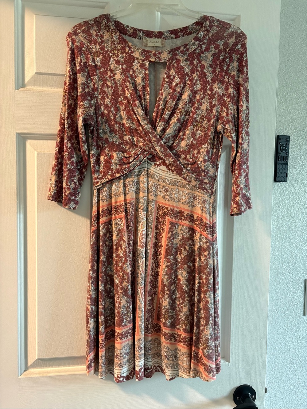 Altar'd State Rust and Cream Floral Twist Midi Dress